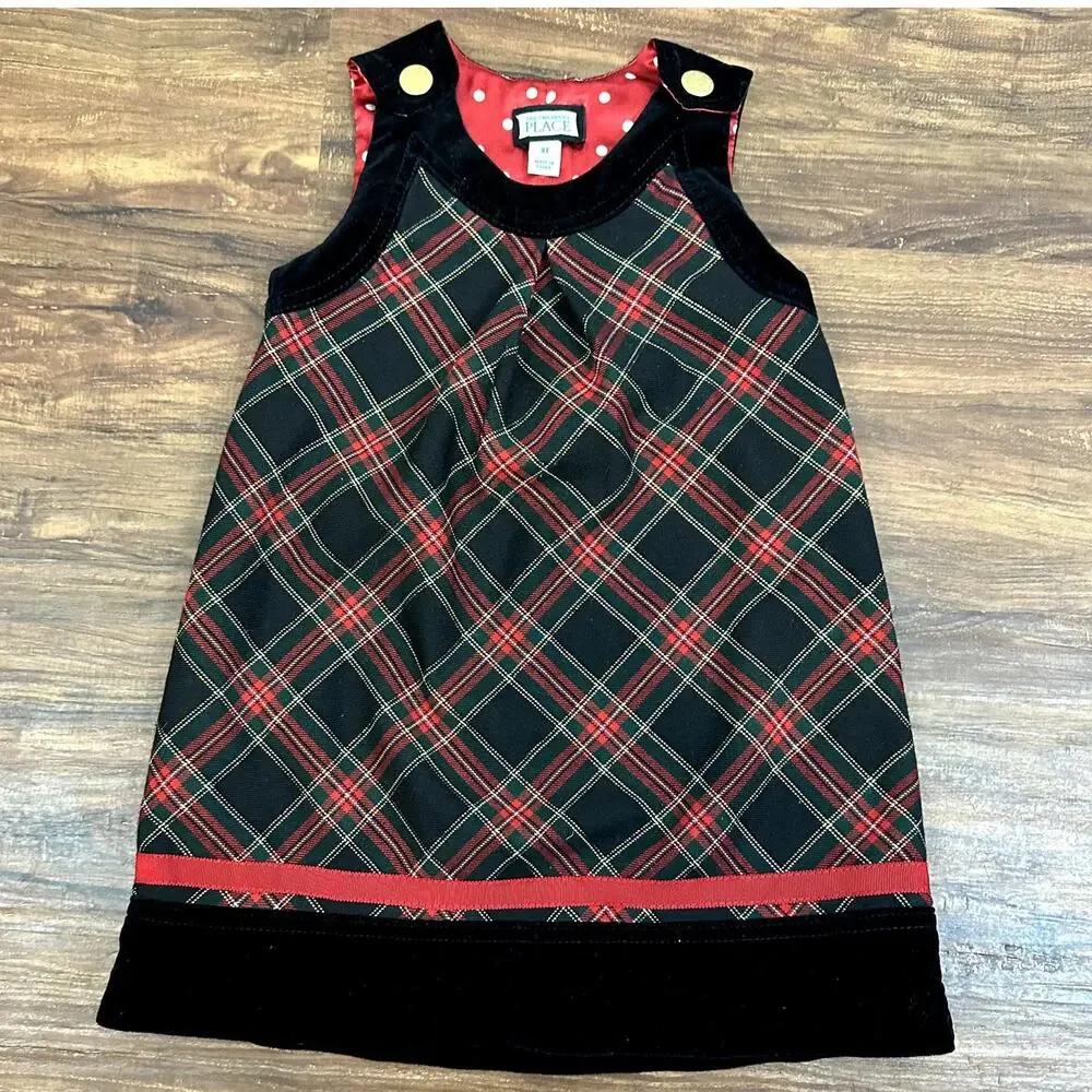 Children's Place Tartan Plaid Dress Pinafore Velvet Girl 3T Black Red Christmas